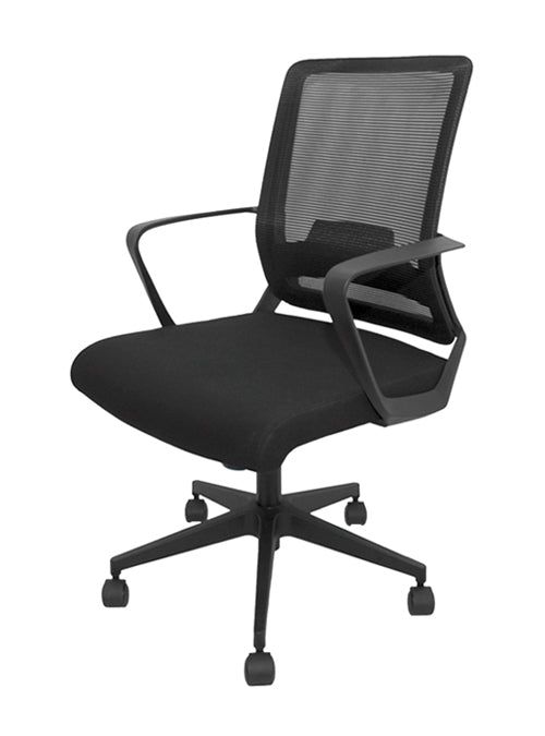 Silla operativa, respaldo mesh, asiento tela,  mecanismo reclinable con bloqueo, coderas fijas, con llantas. Dimensiones: ancho t. 60 cm, profundidad 60 cm, altura 108 cm.  Disponible en negro