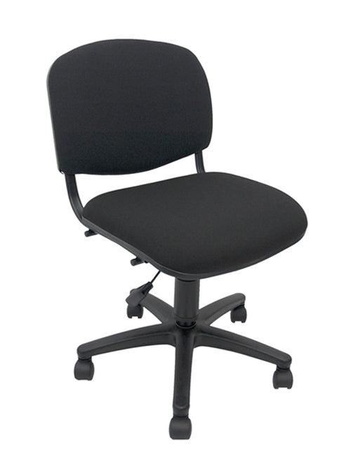 Silla operativa, respaldo y asiento de tela, mecanismo fijo de altura ajustable, con llantas. Dimensiones: ancho t. 47 cm, produndidad 57 cm,altura  95 cm.  Colores de tela: rojo, naranja, rey, vino, amarillo, pera, oxford, negro, camello, marfil.