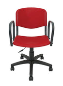 Silla Operativa, respaldo y asiento de polipropileno, mecanismo fijo de altura ajustable, coderas fijas, con llantas. Dimensiones: ancho t. 54 cm, profundidad 57 cm, altura 95 cm. Colores: rojo, naranja, amarillo, verde, azul, blanco, gris, negro.