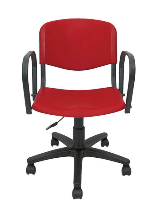 Silla Operativa, respaldo y asiento de polipropileno, mecanismo fijo de altura ajustable, coderas fijas, con llantas. Dimensiones: ancho t. 54 cm, profundidad 57 cm, altura 95 cm. Colores: rojo, naranja, amarillo, verde, azul, blanco, gris, negro.