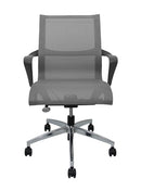 Silla operativa, respaldo y asiento mesh, mecanismo reclinable con bloqueo, coderas fijas, con llantas. Dimensiones: ancho t. 60 cm, profundidad 55 cm, altura 95 cm.